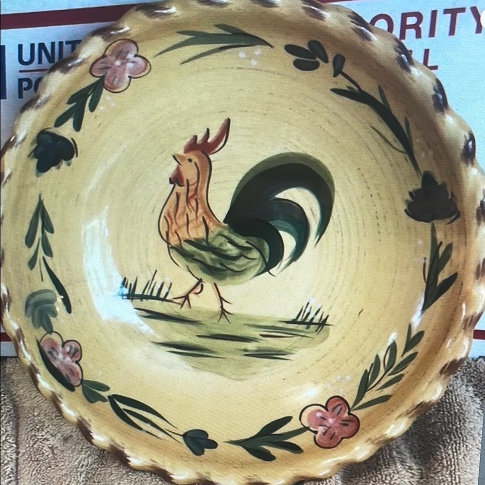 Rustic Rooster Ceramic Bowl - Cream and Green